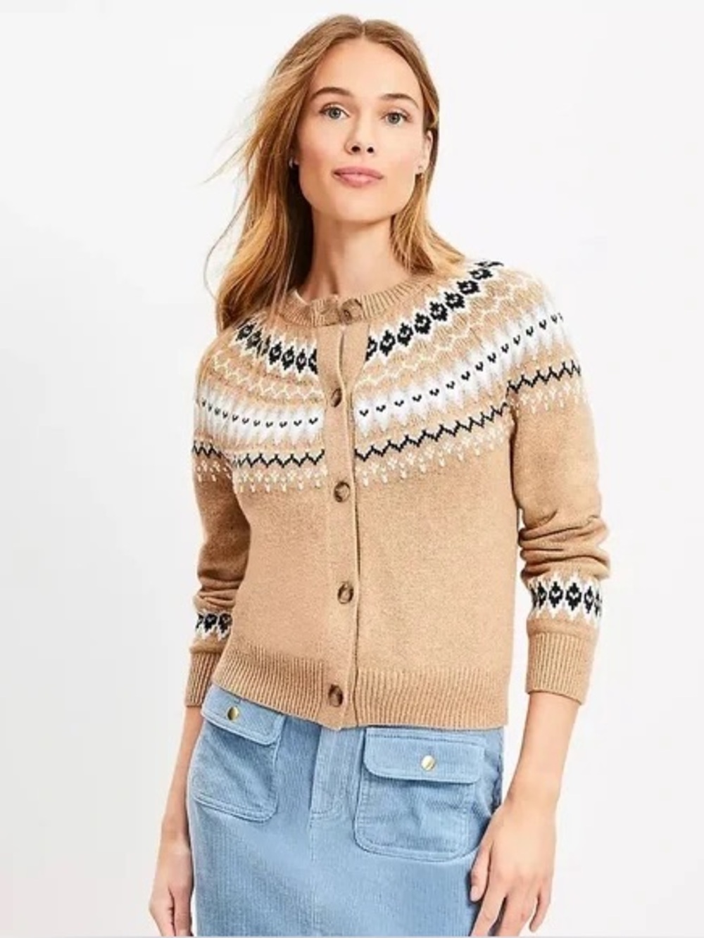 🆕 NWOT Ann Taylor LOFT Size S Camel Fair Isle Button-Front Cardigan Sweater